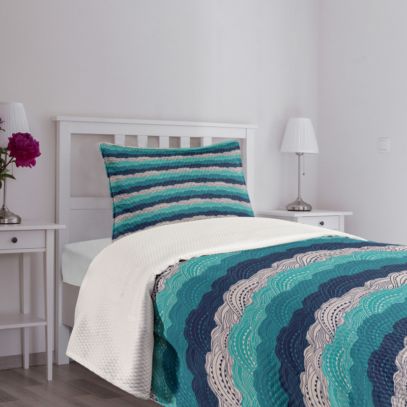 Ornamental Waves in Blue Tones Bedspread Set