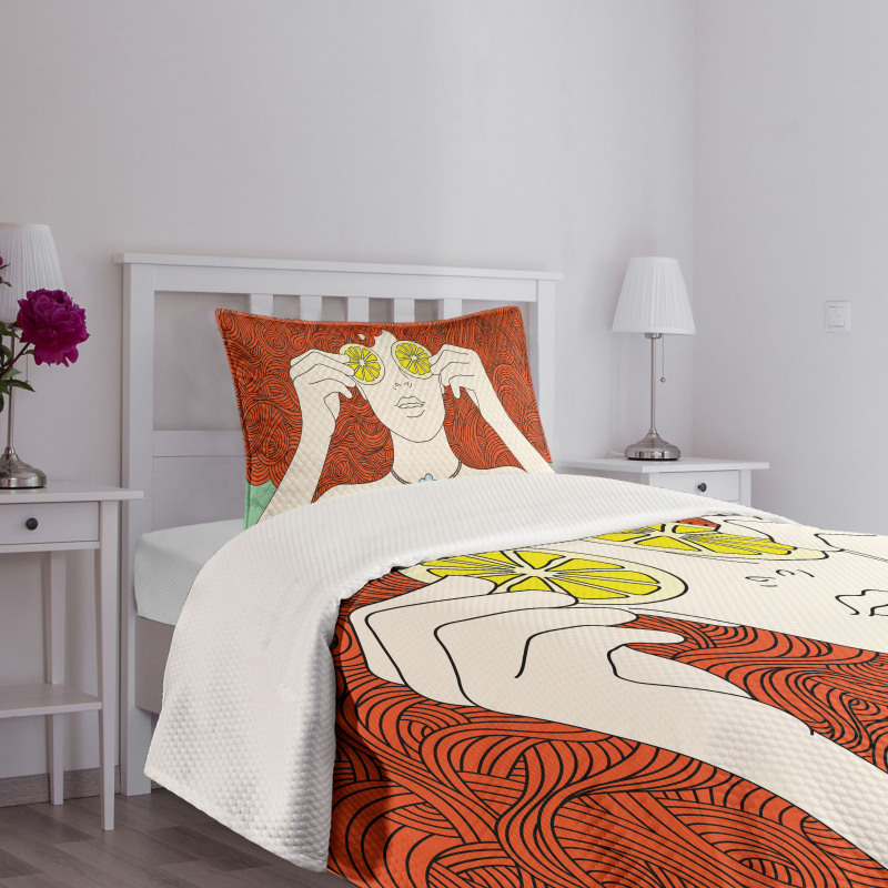 Curly Ginger Hair Girl Lemon Bedspread Set