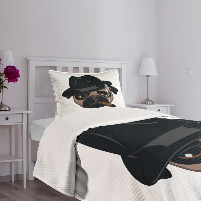 Cartoon Cool Pug Dog Portrait Bedspread Set