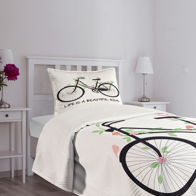 Vintage Bike Flowers Birds Bedspread Set