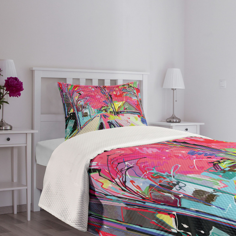 Funky Streets Sketch Trees Bedspread Set