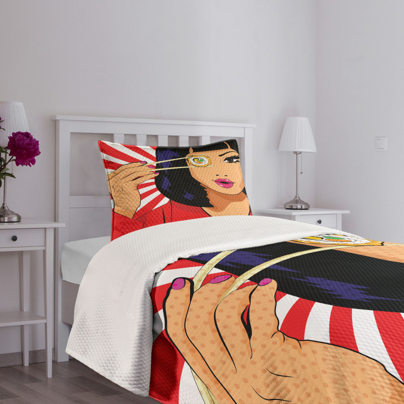 Pop Art Style Girl with Sushi Bedspread Set