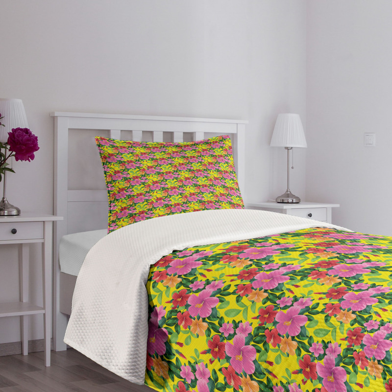 Green Tone Foliage on Yellow Bedspread Set