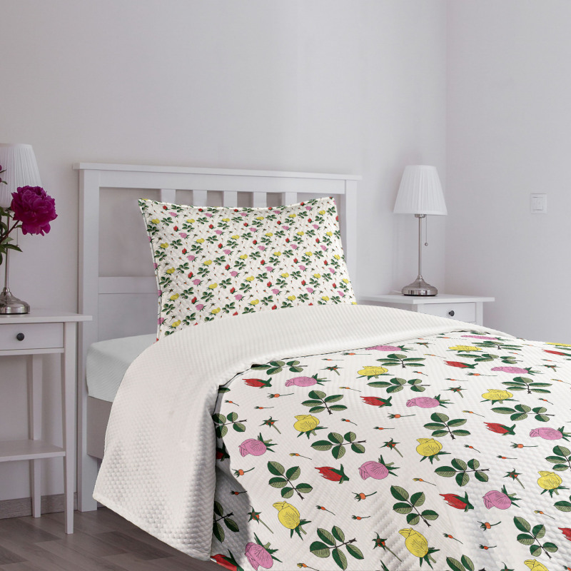 Colorful Rose Buds Leaves Bedspread Set