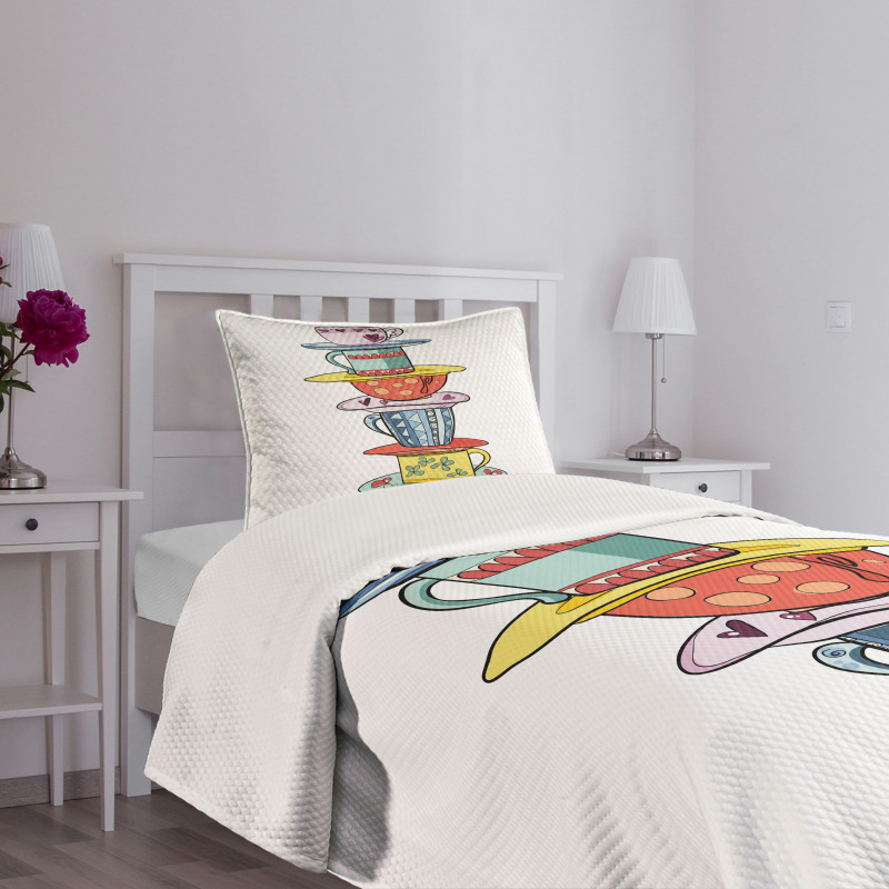 Hand Drawn Art Colorful Cups Bedspread Set