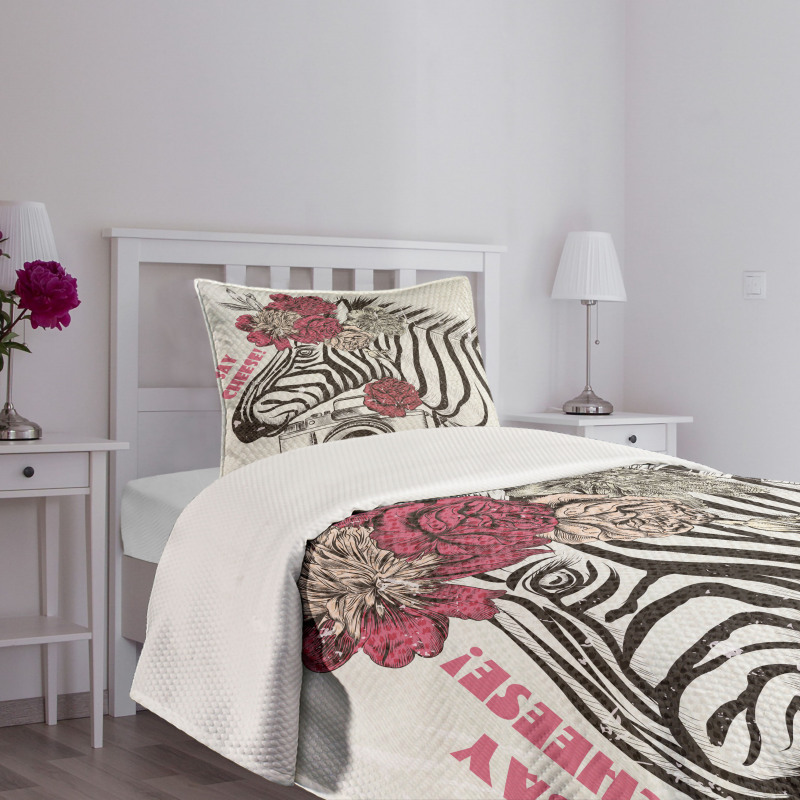 Zebra Head Say Cheese Words Bedspread Set