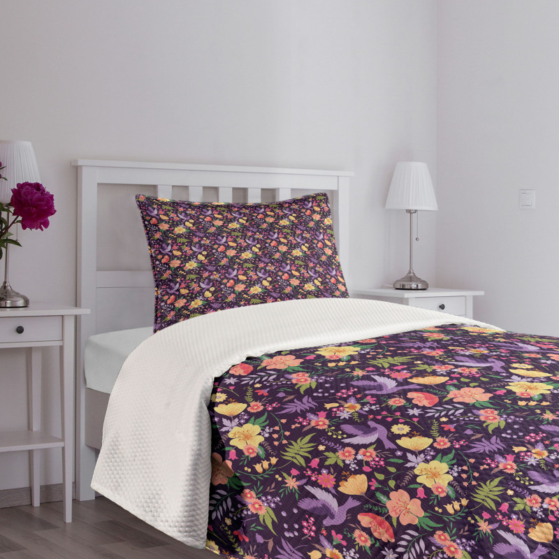 Birds and Colorful Flowers Bedspread Set