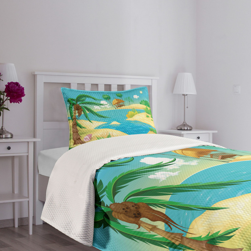 Beach View Cartoon Design Bedspread Set