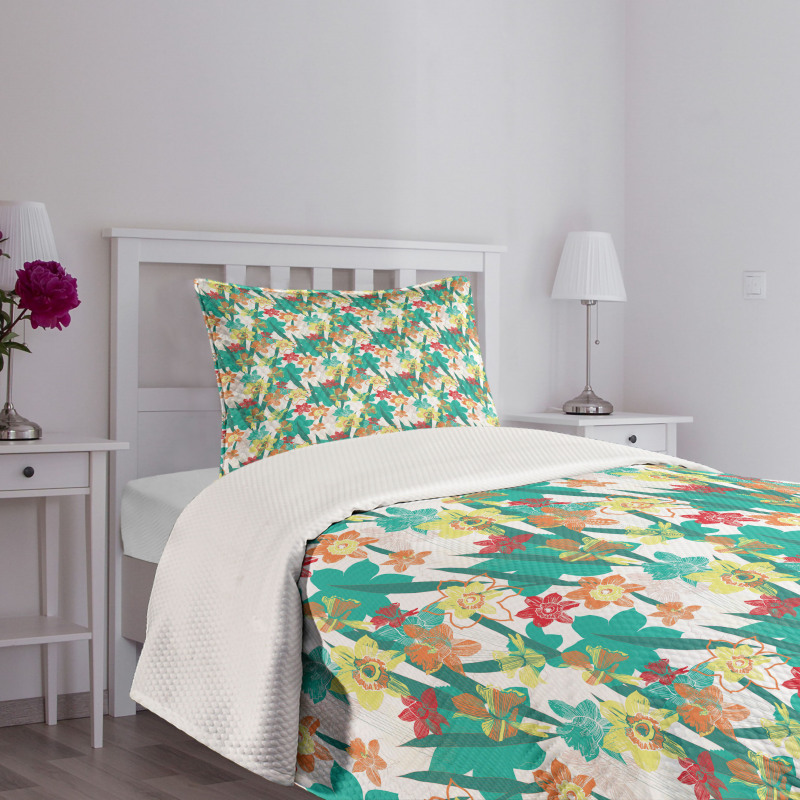 Colorful Flowers and Leaf Bedspread Set