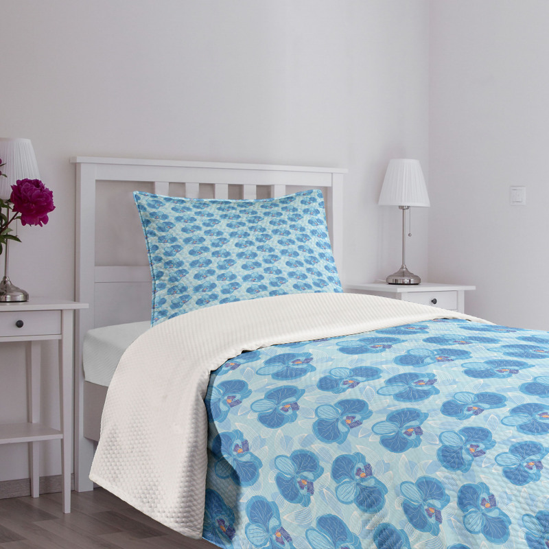 Soft Blue Orchid Blossoms Bedspread Set