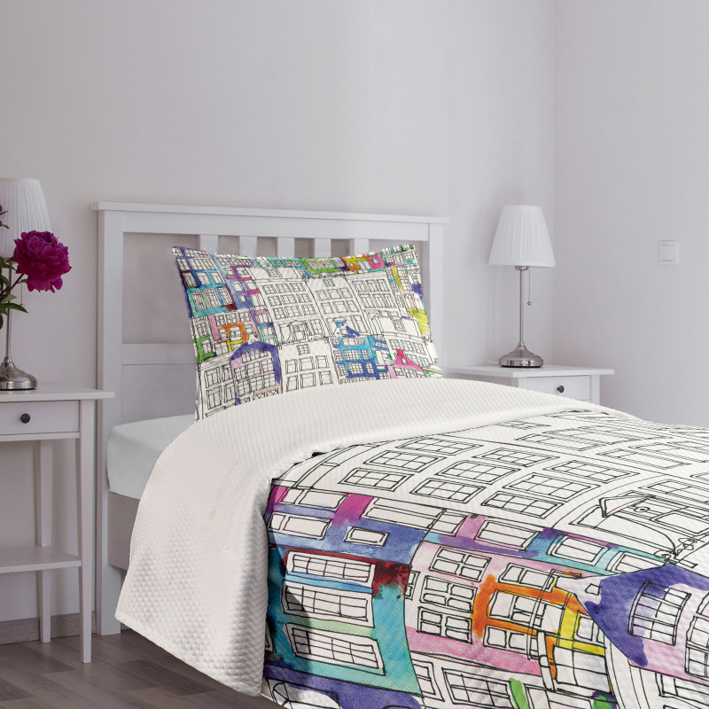 Watercolor Sketch Houses Bedspread Set