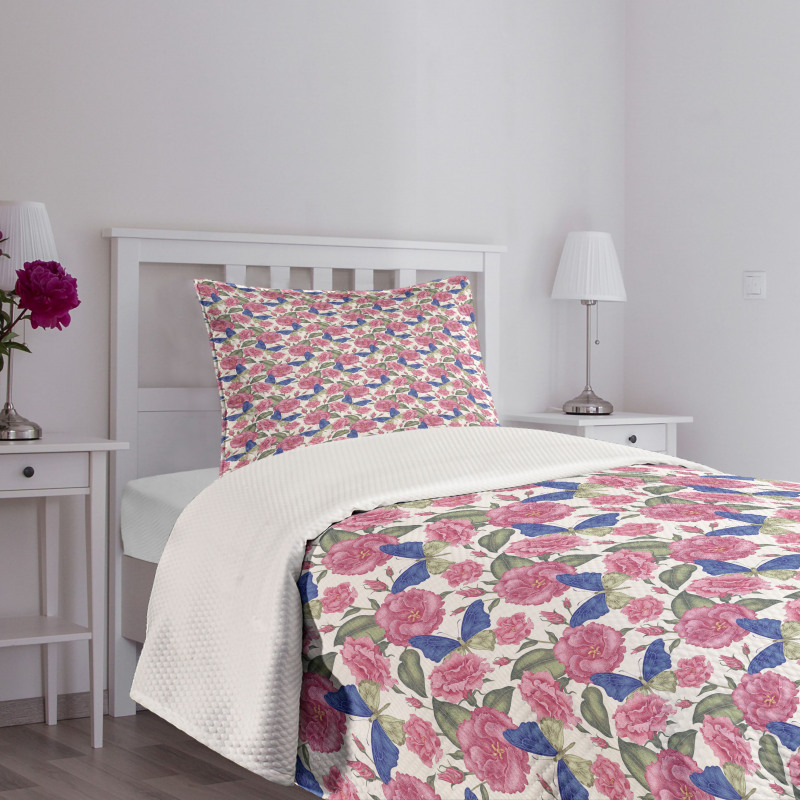 Butterflies Pink Flowers Bedspread Set