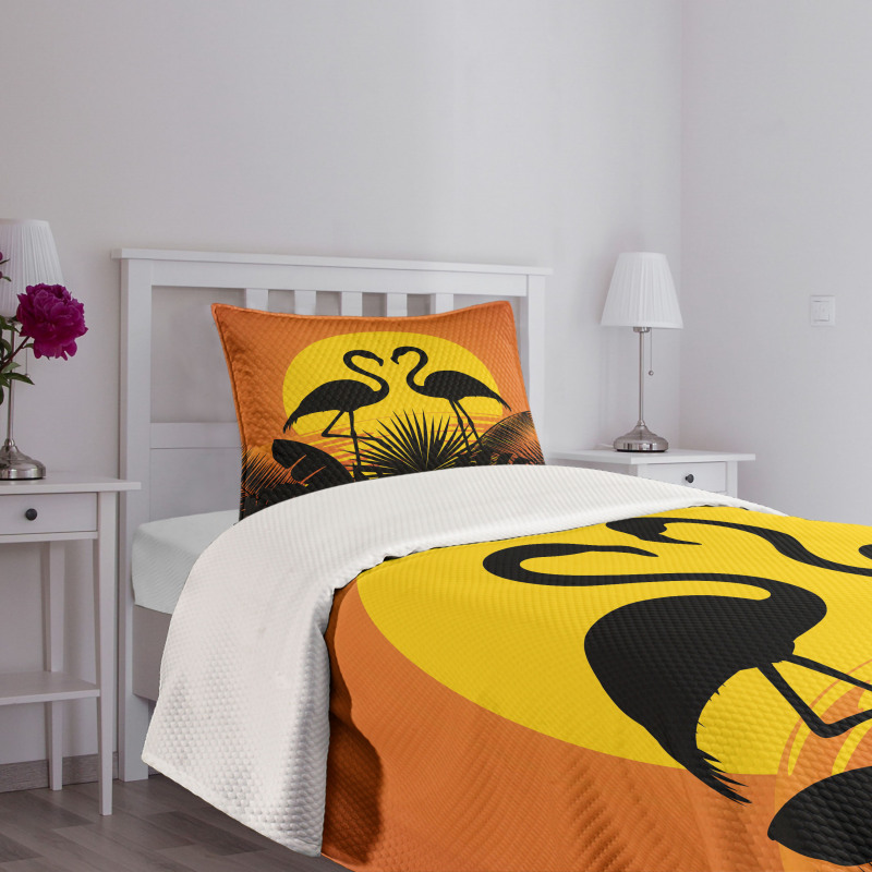 Sunset Flamingo Leaves Bedspread Set