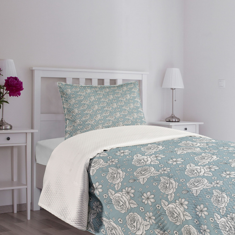 Retro Drawn Blossoms on Blue Bedspread Set