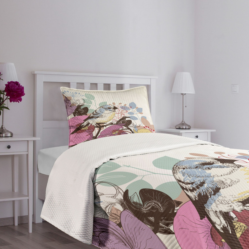 Bird Perched on Flowers Bedspread Set