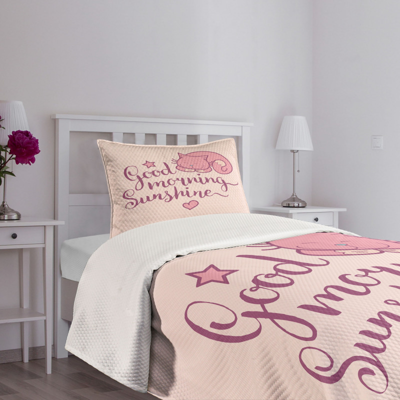 Sleeping Pink Cat and Text Bedspread Set