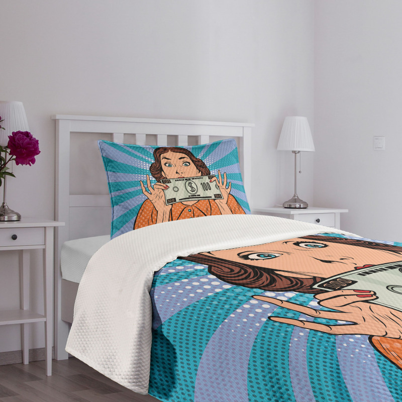 Woman Holding Dollar Bill Bedspread Set