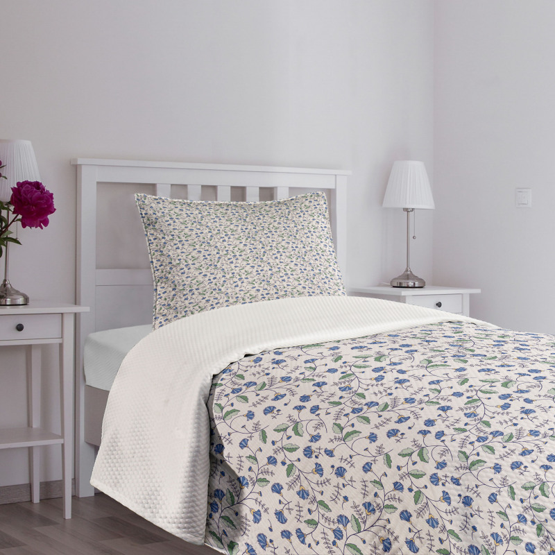 Blue Cornflowers and Leaves Bedspread Set