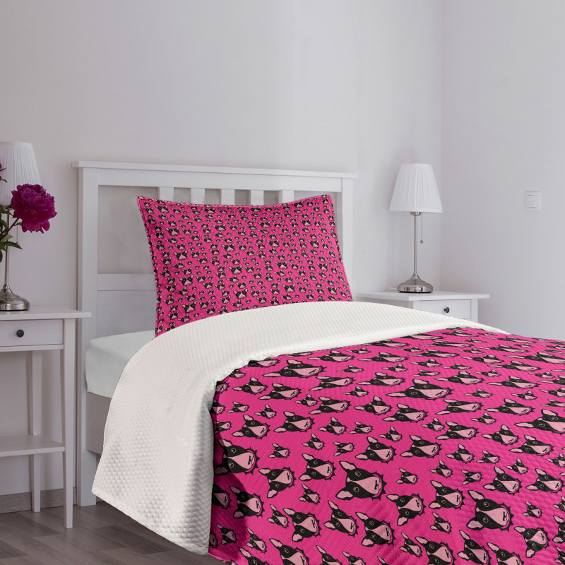 Bull Terrier Dog Heads on Pink Bedspread Set