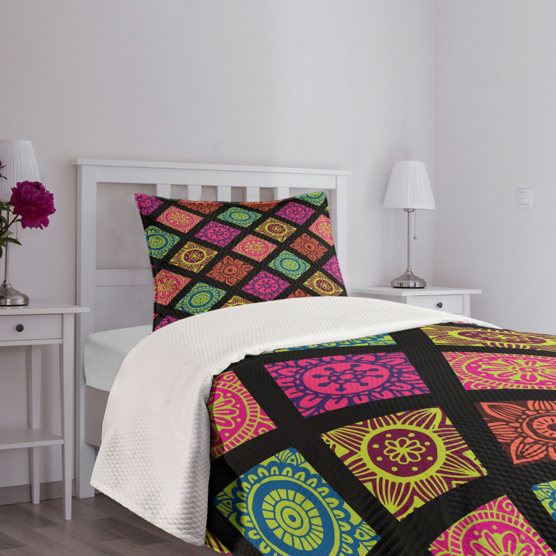 Flower Mandala Tile Colorful Bedspread Set