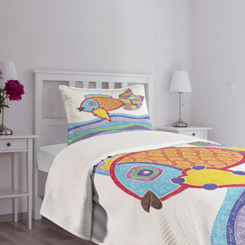 Fish Scales and Squares Doodle Bedspread Set