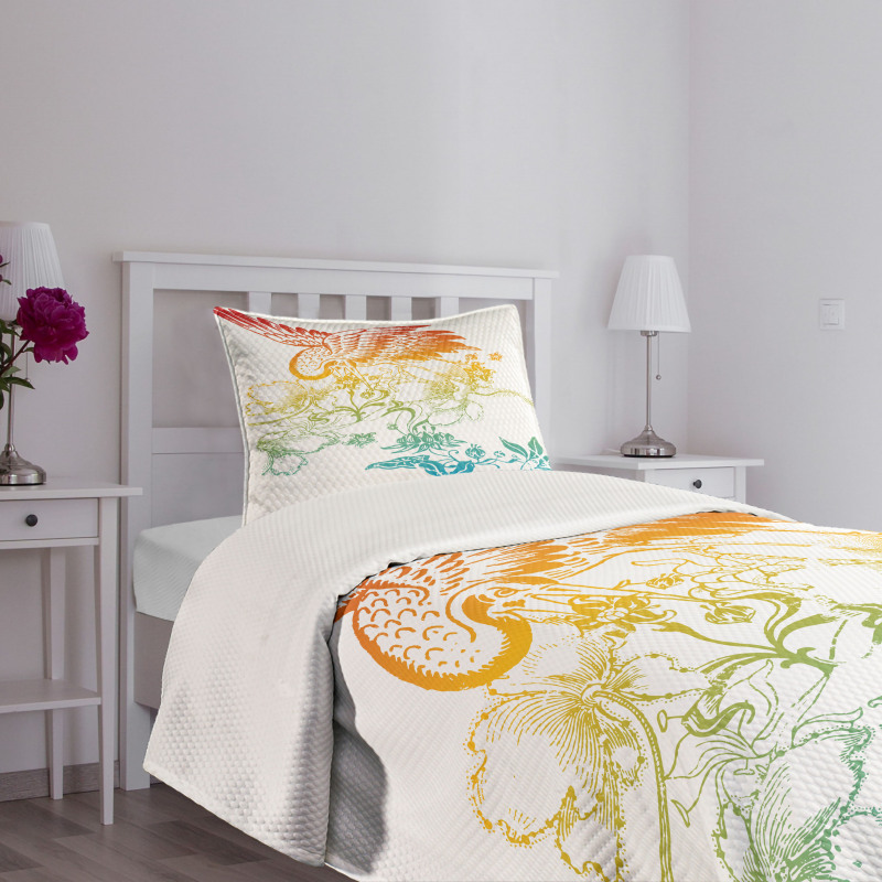 Oriental Bird with Flowers Bedspread Set