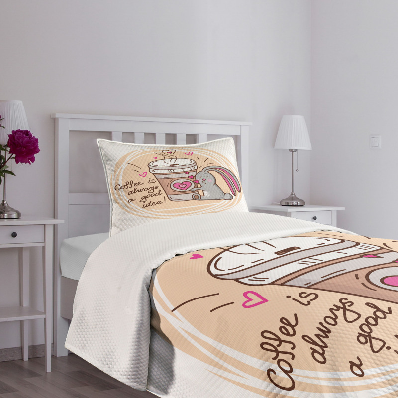 Coffee Lover Rabbit Words Bedspread Set