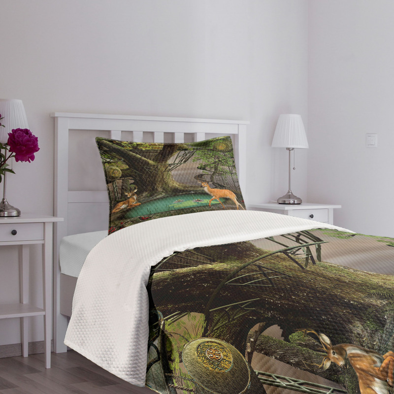 Abstract Deer and Tree House Bedspread Set