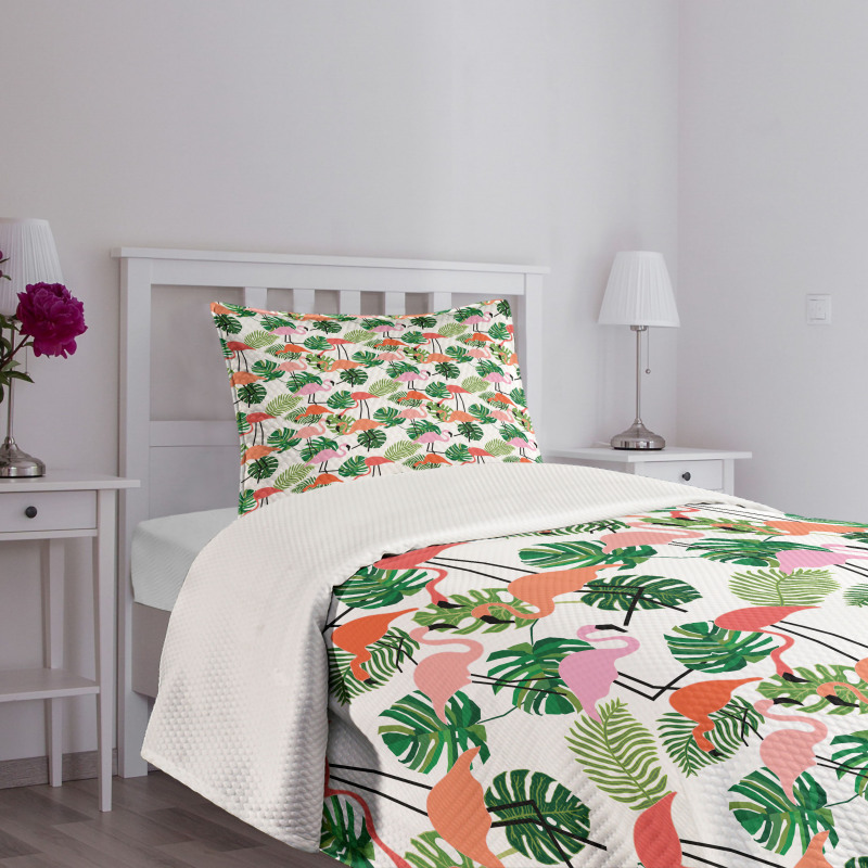 Hipster Flamingo Monstera Bedspread Set