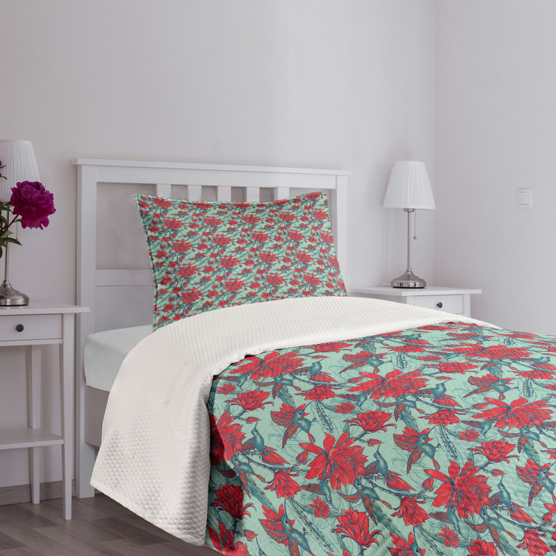 Animals and Flower Branches Bedspread Set