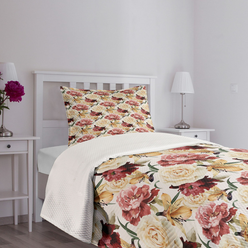 Watercolor Roses Peonies Bedspread Set