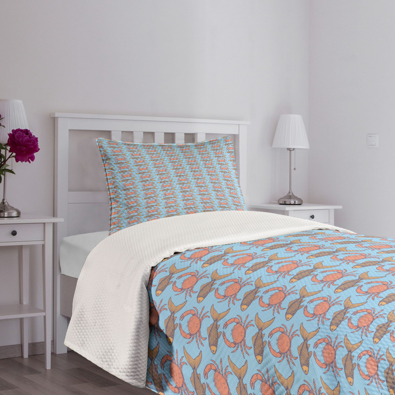 Crab and Fish Pattern Sketch Bedspread Set