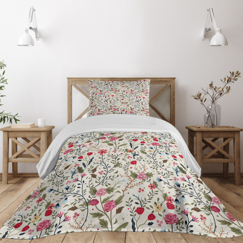 Birds Roses Polka Dots Bedspread Set