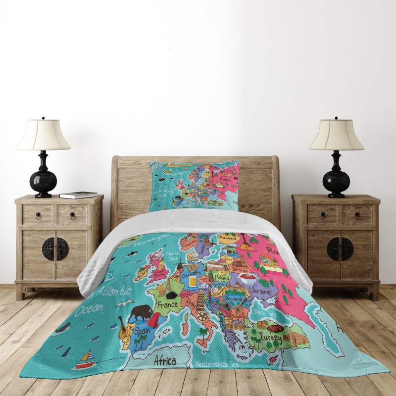 Cartoon Europe Map Landmark Bedspread Set