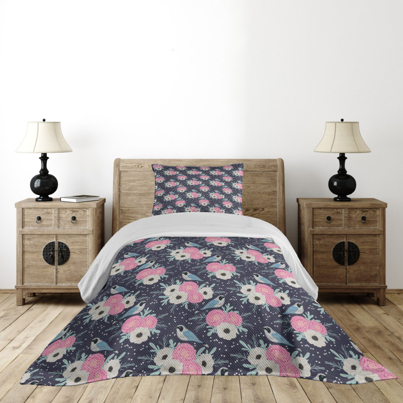 Winter Flowers Birds Bedspread Set