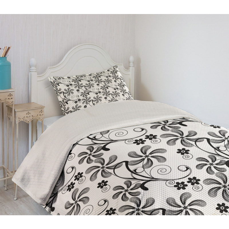 Monochrome Doodle Plants Bedspread Set