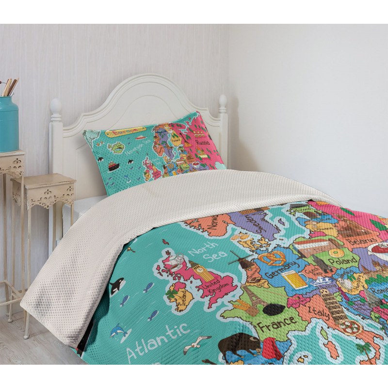 Cartoon Europe Map Landmark Bedspread Set