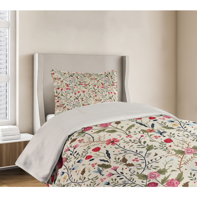 Birds Roses Polka Dots Bedspread Set