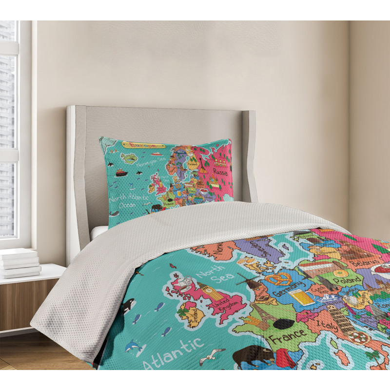 Cartoon Europe Map Landmark Bedspread Set