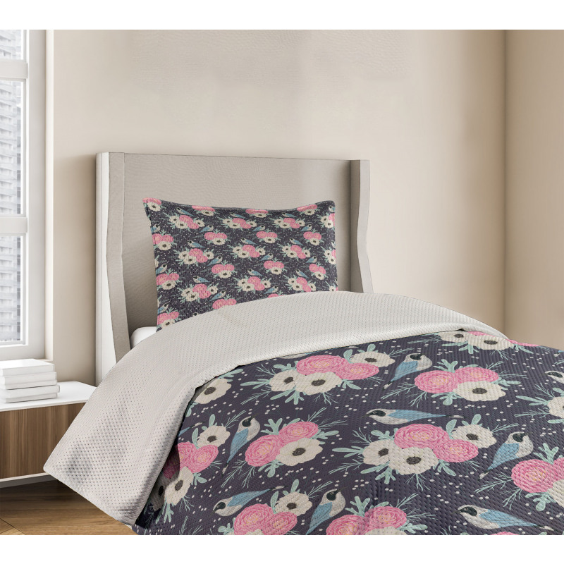 Winter Flowers Birds Bedspread Set