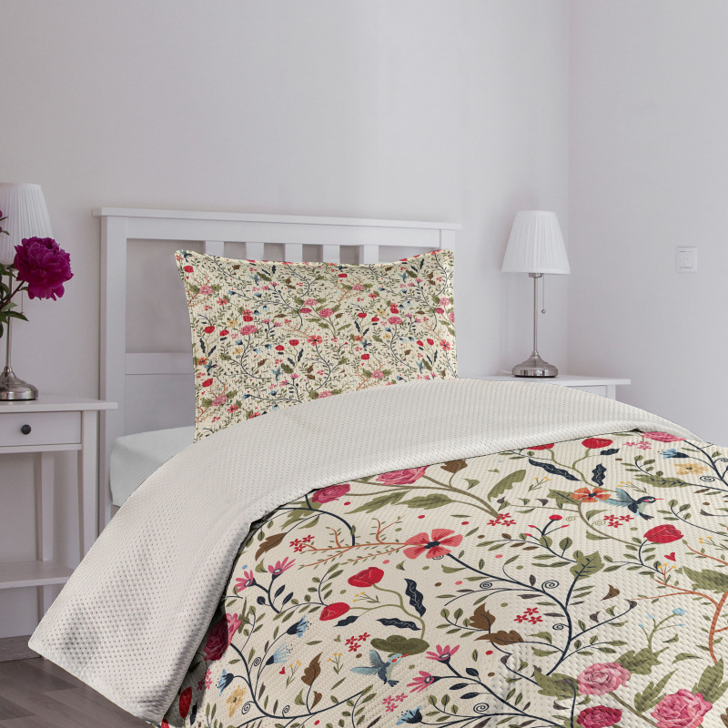 Birds Roses Polka Dots Bedspread Set