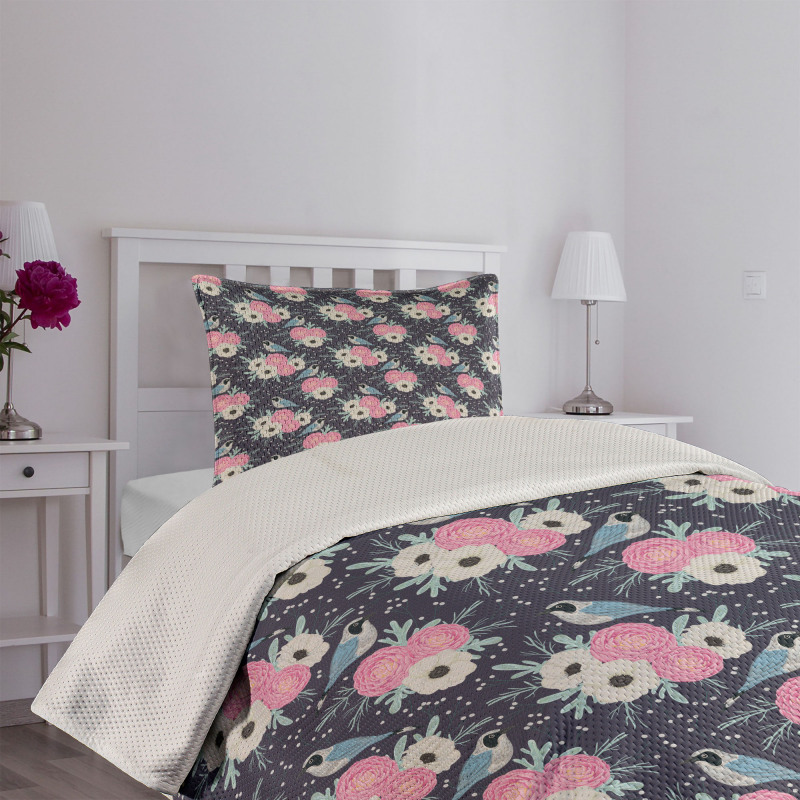 Winter Flowers Birds Bedspread Set