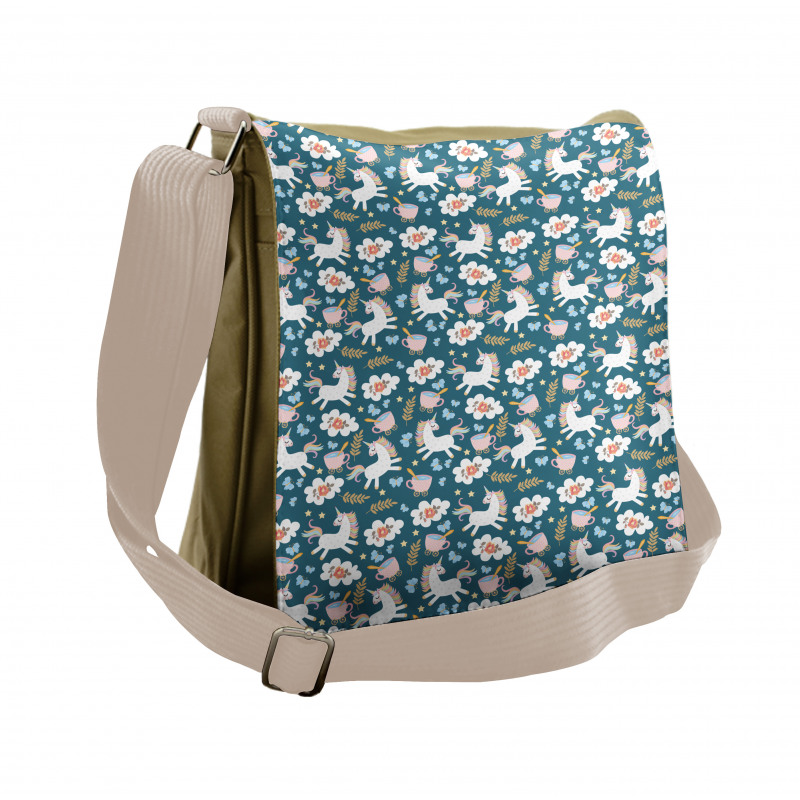 Rainbow Pony Floral Art Messenger Bag