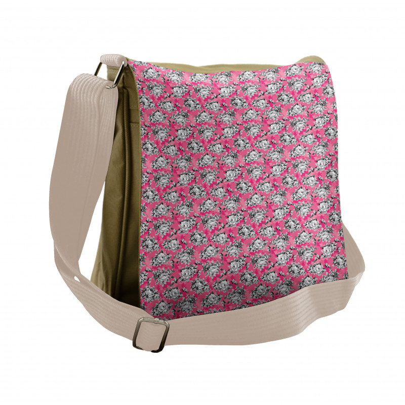 Greyscale Flower Chintz Rose Messenger Bag