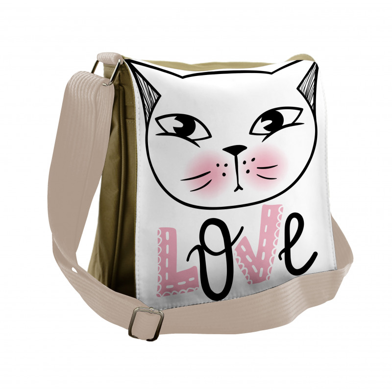 Kitten Face and Love Typography Messenger Bag