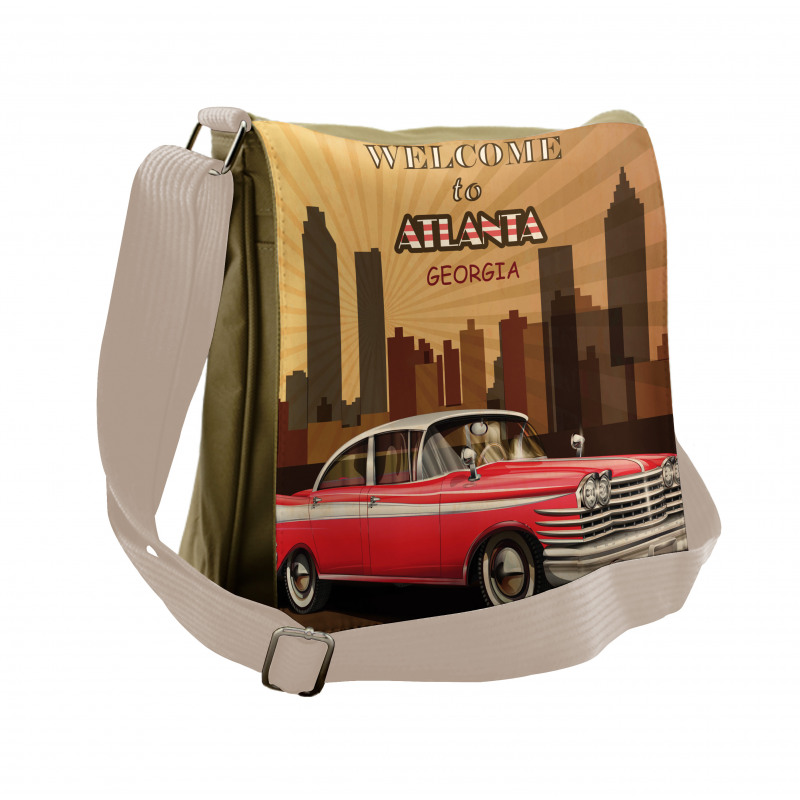 Retro Car and City Skyline Messenger Bag