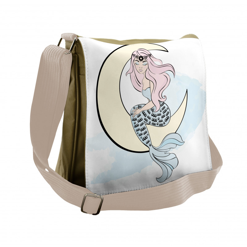 Mermaid Girl on Crescent Messenger Bag