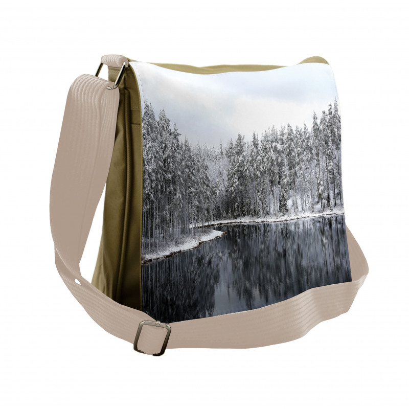 Trees in Cold Day Lake Messenger Bag