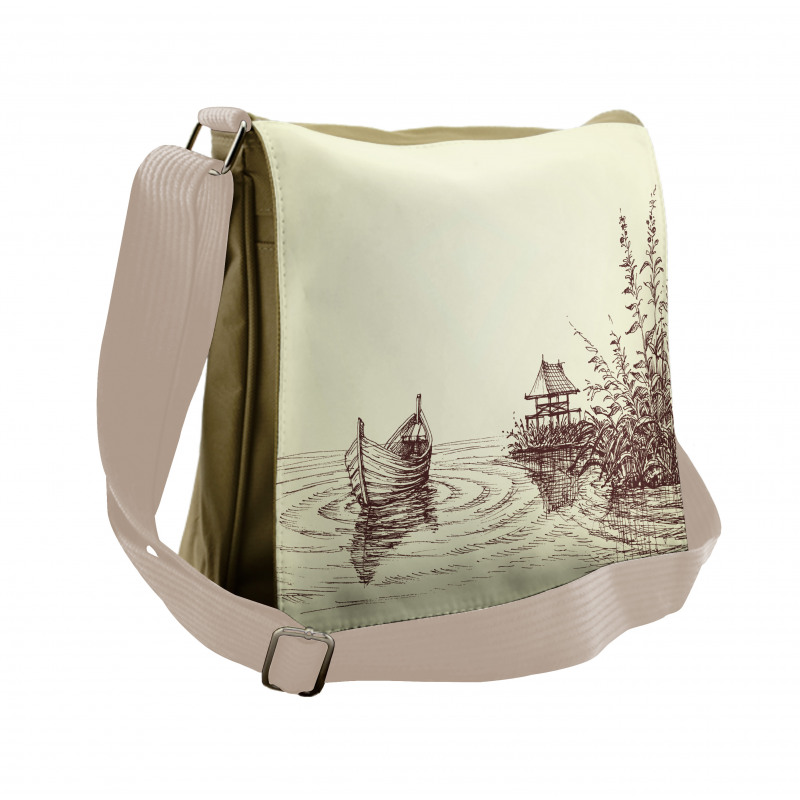 Pencil Drawn Lake and Boat Messenger Bag