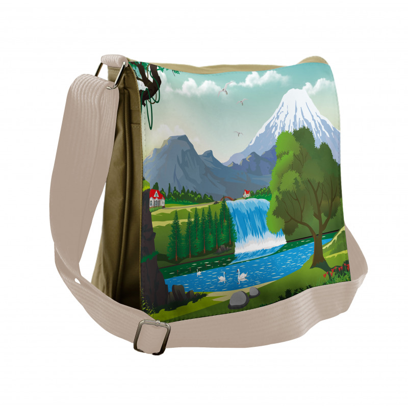 Cartoon Style Lake Waterfall Messenger Bag